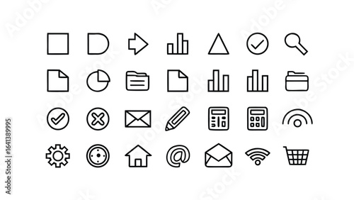 Vector art of a diverse set of simple line icons representing various concepts such as business, finance, communication, and technology, isolated a