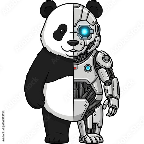 Concept illustration of a panda as a cyborg, split to show its natural animal side and a complex robotic half with a glowing eye.
