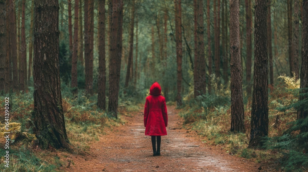 Woman in red coat walking forest path Woman in red coat walking forest path
