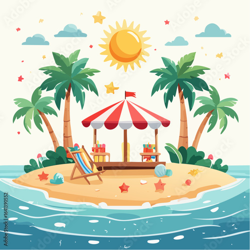 Cartoon illustration showcasing a tropical island getaway with beach and clear sky