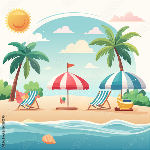 A serene beach landscape featuring sunny skies, palm trees and relaxation essentials