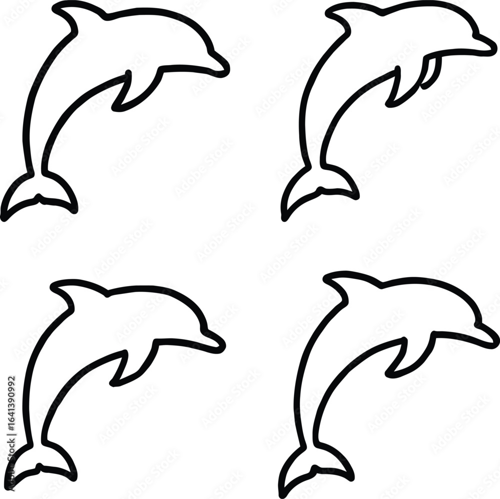 Naklejka premium Collection of black outline jumping dolphin illustrations for marine wildlife concepts