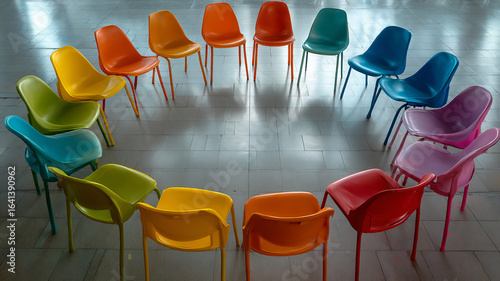 Colorful chairs in a row,  Colorful chairs arranged in a circle  arrangement