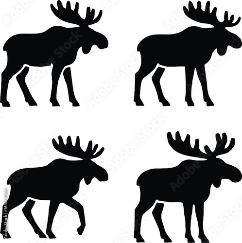Set of black moose silhouettes in various poses. Vector wild animal graphic design.