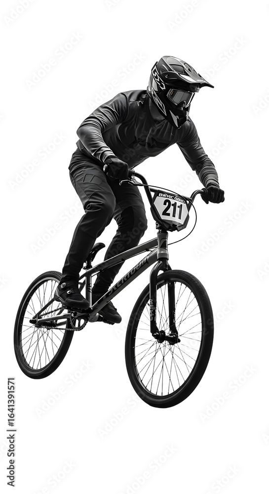 Fototapeta premium Sports Athletes - BMX rider wearing protective gear with helmet number 211 performing a jump on bike, extreme sports and outdoor cycling action
