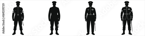 Four Uniformed Officer Silhouettes: Black and White Vector Illustration of Military Dress Uniforms for Branding, Marketing, Editorial Art, Corporate Identity, Visual Communication, and Media Promotion