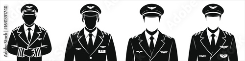 Four Pilot Silhouettes in Uniforms: Black and White Vector Illustration of Airline Captains for Branding, Advertising, Aviation Marketing, Editorial Art, and Corporate Identity