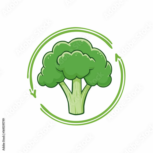 Broccoli illustration symbolizing sustainability with circular arrows surrounding vegetable