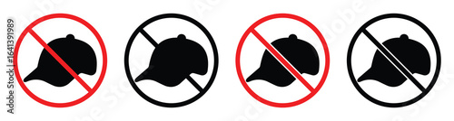 No Caps Allowed Sign, Red Prohibition Circle with Baseball Cap Silhouette on White Background.