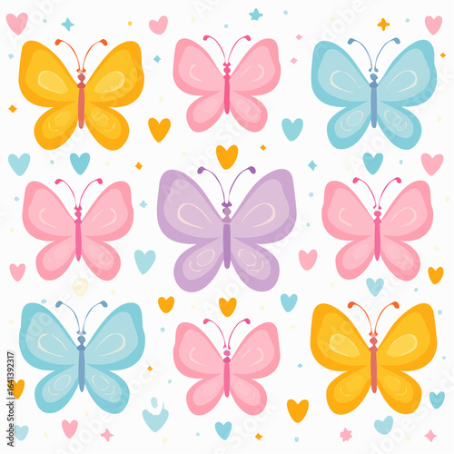 Colorful butterflies pattern on white background, children's spring or summer illustration