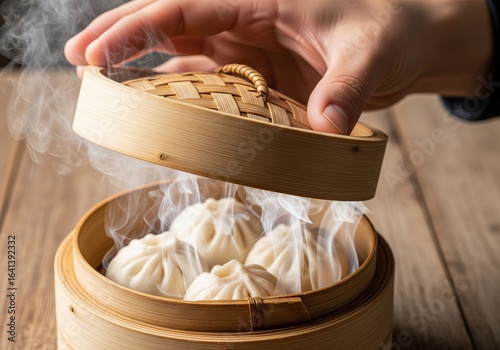Close-up of dim sum revealed as bamboo lid is lifted, steam visible, Ai Generate.