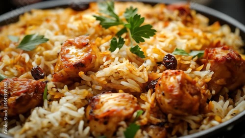 Close-up of chicken biryani
