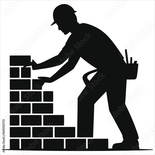 Silhouette of mason laying bricks with trowel and tool belt, construction worker in hard hat building masonry wall, bricklayer vector icon on white background for repair and renovation home repair DIY