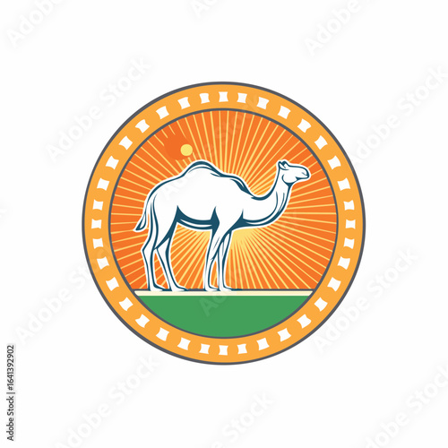 Artistic representation of a camel under the sun, depicted in a circular emblem