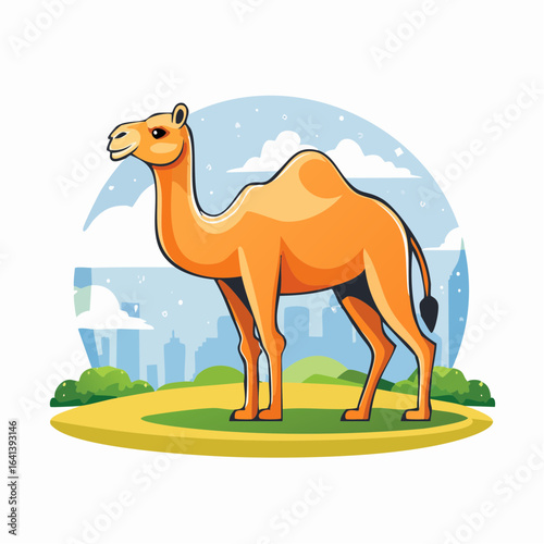 A charming camel illustration amidst a modern city backdrop in minimalist art style