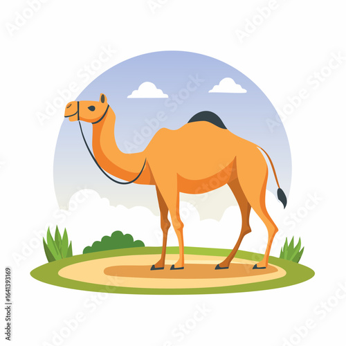 Cartoon camel standing gracefully on a desert landscape with blue sky background