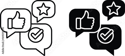 Two sets of speech bubbles with positive feedback icons like thumbs up and checkmarks