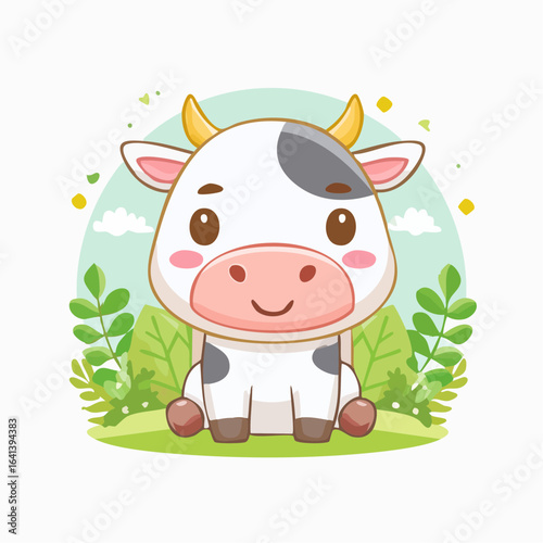 Charming cartoon cow illustration amidst lush greenery and serene backdrop depicting innocence