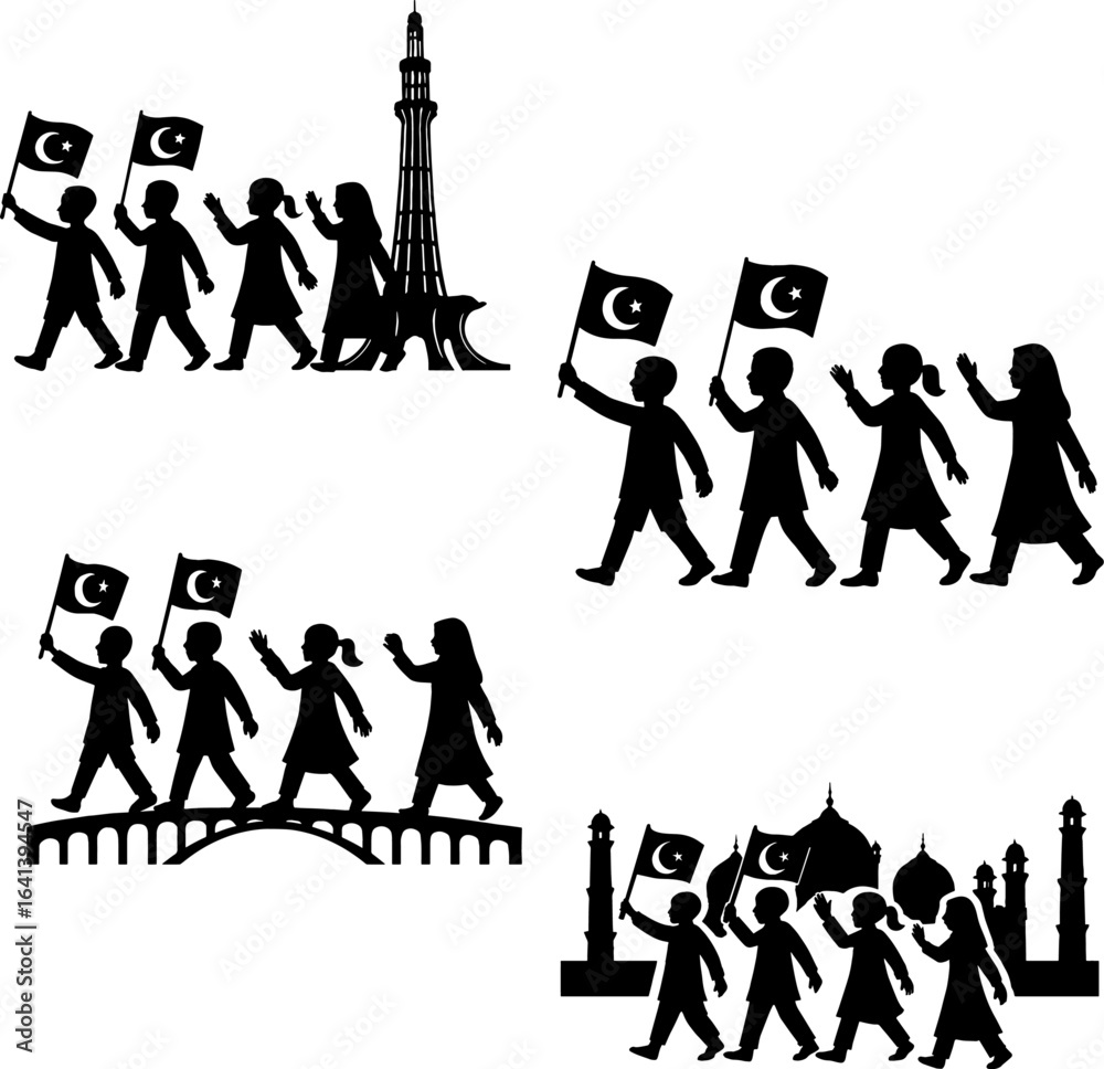 Fototapeta premium a Group of Children Marching with Flags - Pakistan Parade Silhouette near the badshahi mosque in black and white silhouette with white background 