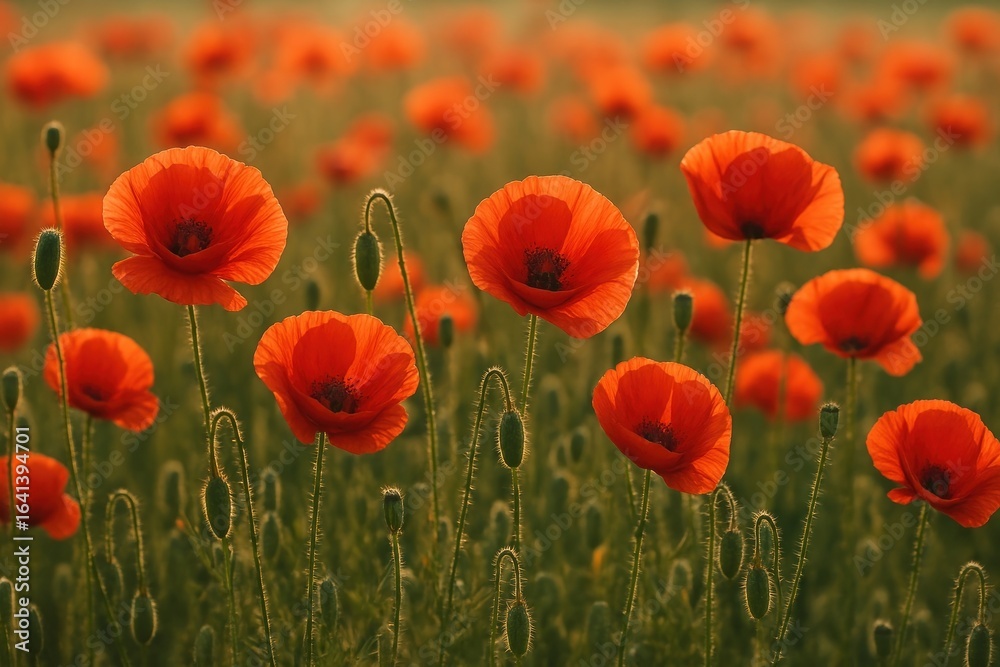 Fototapeta premium Vibrant poppies in serene field.