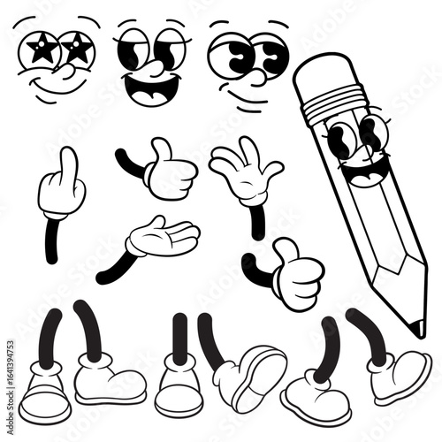 Set of pencil character elements vintage vector style black and white cartoon illustration featuring a joyful anthropomorphic pencil character, along with various facial expressions, hand gestures.
