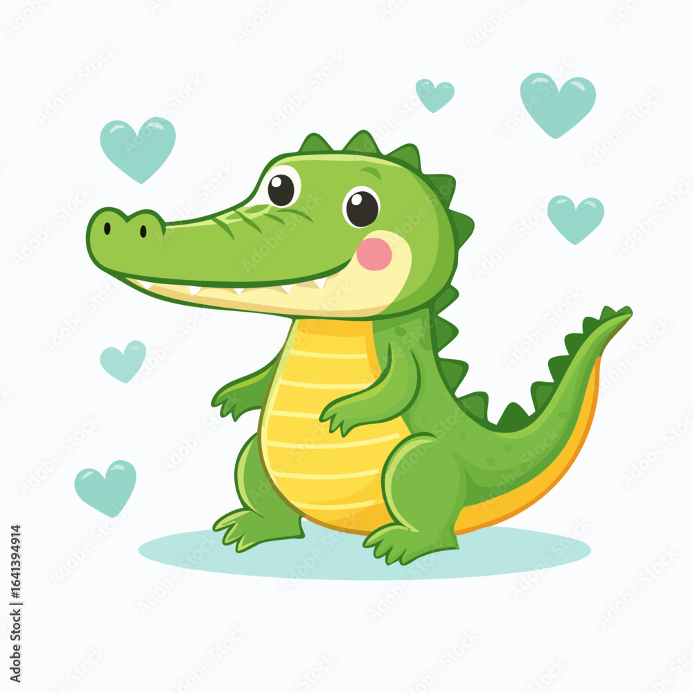 Fototapeta premium Adorable Cartoon Crocodile Surrounded by Hearts: A Sweet and Playful Illustration