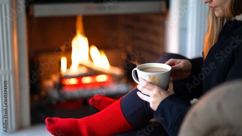 Cozy Winter Evening by the Fireplace: A Woman Enjoys a Warm Drink