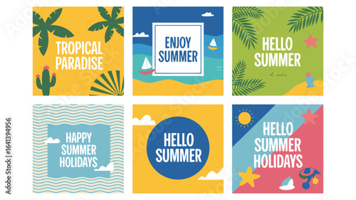 Six Colorful Summer Holiday Designs with Tropical Themes, Greetings, and Seasonal Messages for Social Media