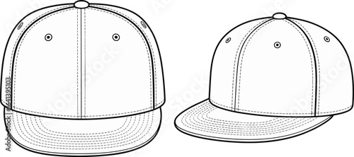 CAD drawing flat vector illustration of classic snapback hat, showing front and angled views, perfect for fashion and accessory design.