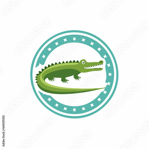 Cartoon Crocodile in Circular Frame with Stars: Playful Reptile Vector Illustration