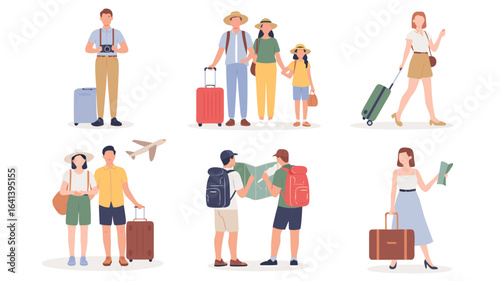 Diverse Travelers Illustration Families, Couples, and Individuals with Luggage and Travel Accessories