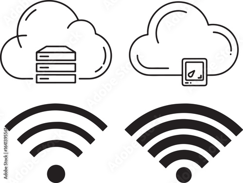 Cloud network connection with wifi signal illustration, black and white vector