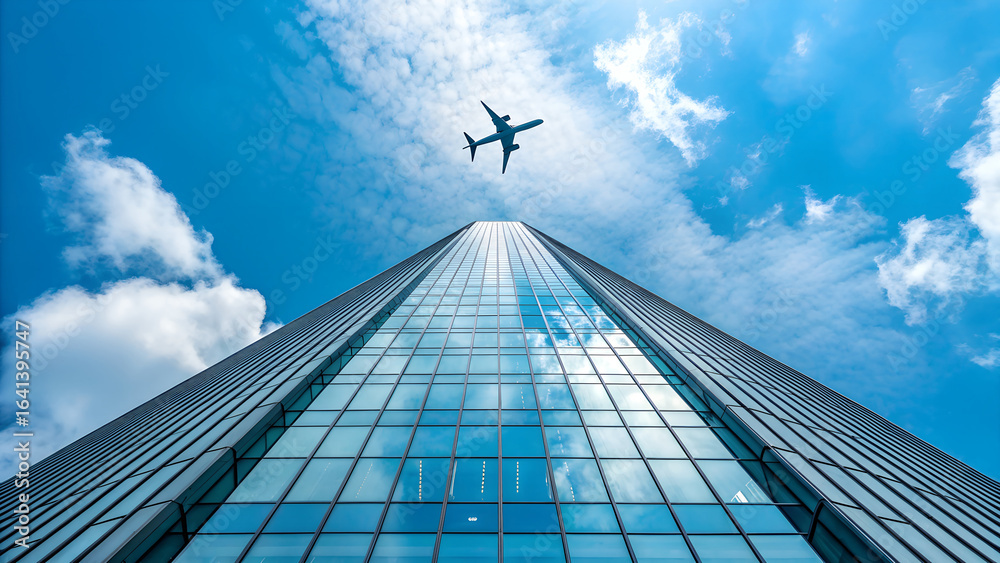 Fototapeta premium A Jetliner Flies over a Modern Skyscraper image. A low-angle, wide-shot photograph of a modern, glass skyscraper with a jetliner flying directly overhead against a clear blue sky with white clouds.
