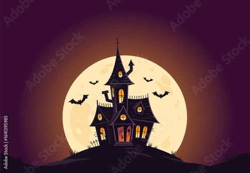 Spooky haunted mansion under a giant full moon with bats flying by, perfect for Halloween celebrations