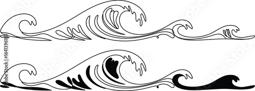 Two stylized illustrations of crashing ocean waves in black and white