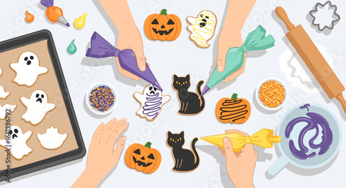 Hands creatively decorate festive Halloween cookies with colorful icing and sprinkles for spooky fun