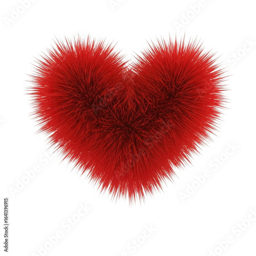 A vibrant red fuzzy heart shape with spiky texture casting a subtle shadow isolated on transparent background