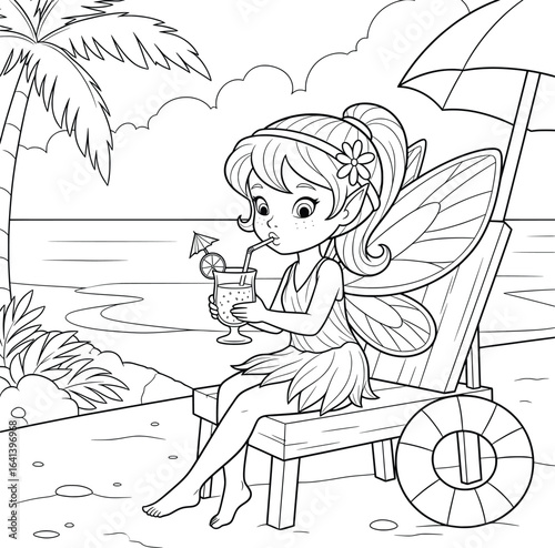 Cute fairy relaxing on a tropical beach chair while sipping a refreshing drink coloring page