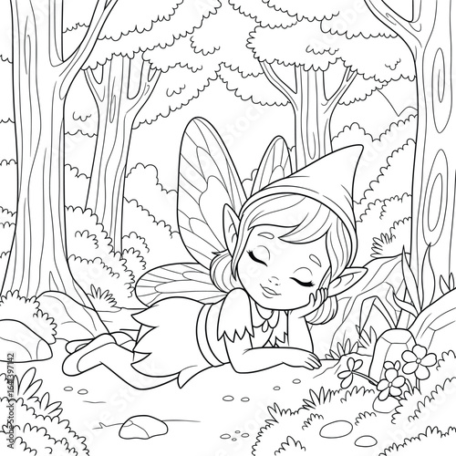 Sweet fairy girl sleeping peacefully in an enchanted forest coloring page