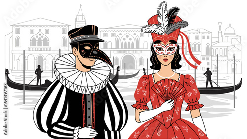 Illustration of a couple in traditional Venetian masks during the Carnival of Venice