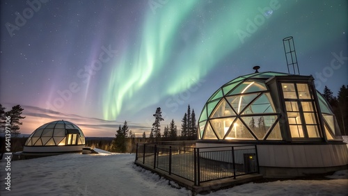 Glass igloo hotels under the northern lights in a snowy landscape at night with trees and stars