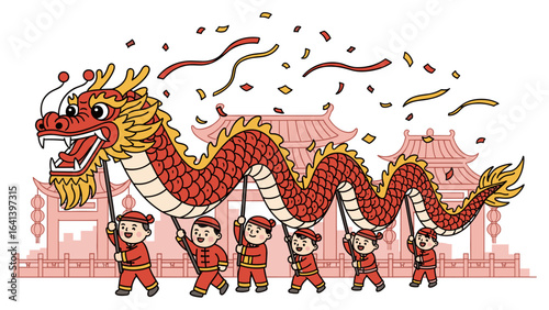 Group of six performers in a traditional dragon dance for a Chinese festival parade.