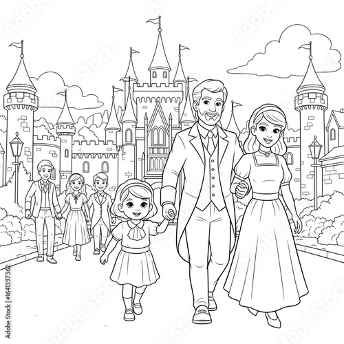 Royal family walking happily outside a grand castle with children for a charming black and white coloring book page