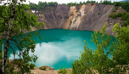 Vibrant turquoise water fills a deep former mining crater, a beautiful landscape of nature's reclamation.