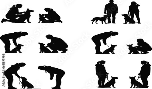 Print"Silhouettes of a woman training and interacting with a dog, showing bonding moments, care, obedience, and companionship, dog owner training."
