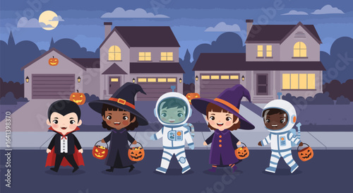 Adorable kids in Halloween costumes trick-or-treating on a spooky suburban street at night