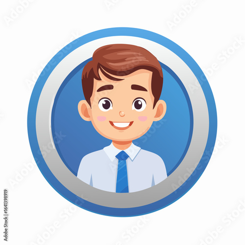 Smiling young professional avatar inside a blue circle emblem offering approachability