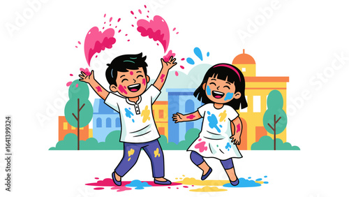 Joyful cartoon children celebrating the Indian festival of colors, Holi, with gulal powder.