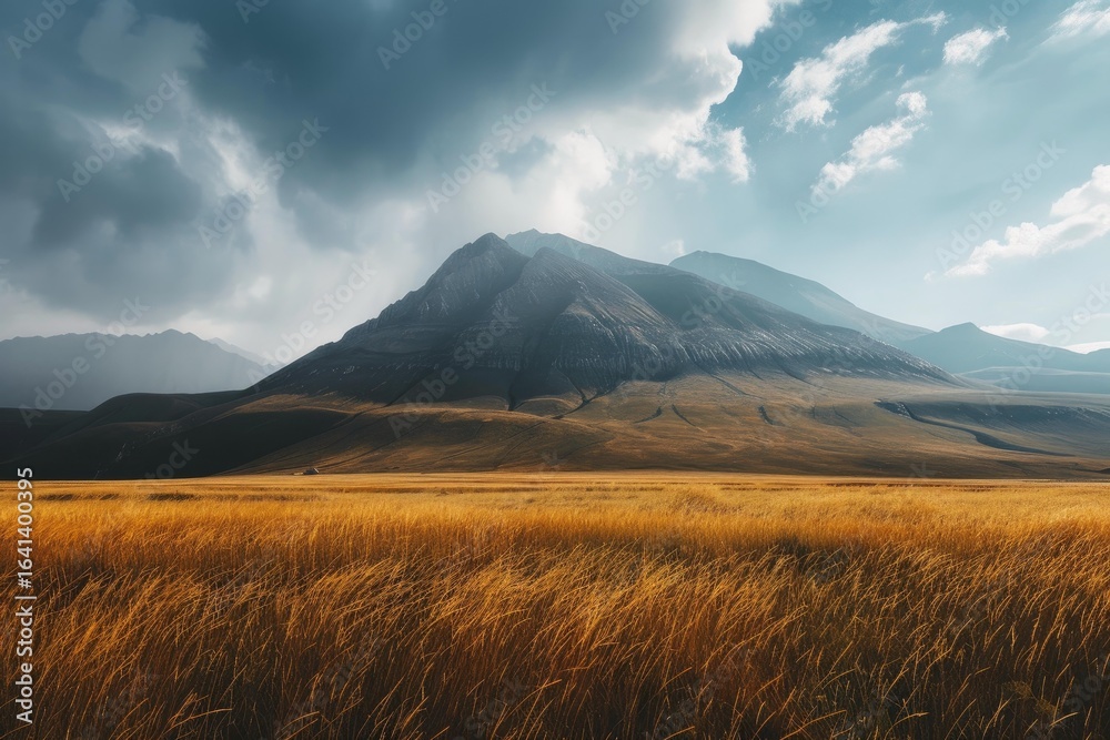 Golden grass field stretching towards imposing mountain range under cloudy sky, creating scenic landscape Golden grass field stretching towards imposing mountain range under cloudy sky, creating scenic landscape