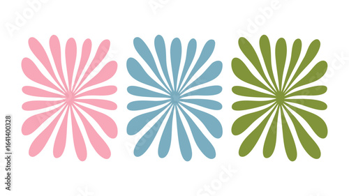 Trio of Floral Illustrations Pink, Blue, and Green Petal Bursts on White Background